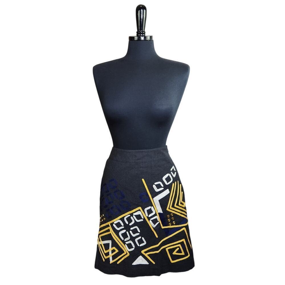 DKNY Skirt Wool Embroidered Geometric Charcoal Grey Gold White A Line